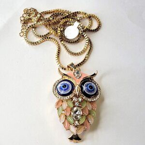 Pink Owl Pendant Necklace Statement Sweater Pendant Necklace Large Owl Pendant